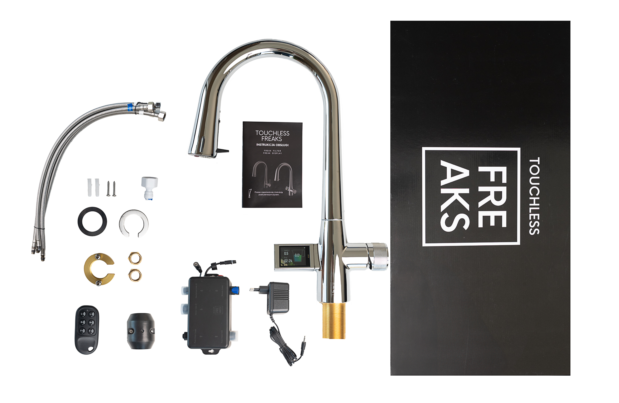 Nowoczesna bateria kuchenna bezdotykowa z czujnikiem ruchu i wyświetlaczem LCD w kolorze chrom, srebrnym