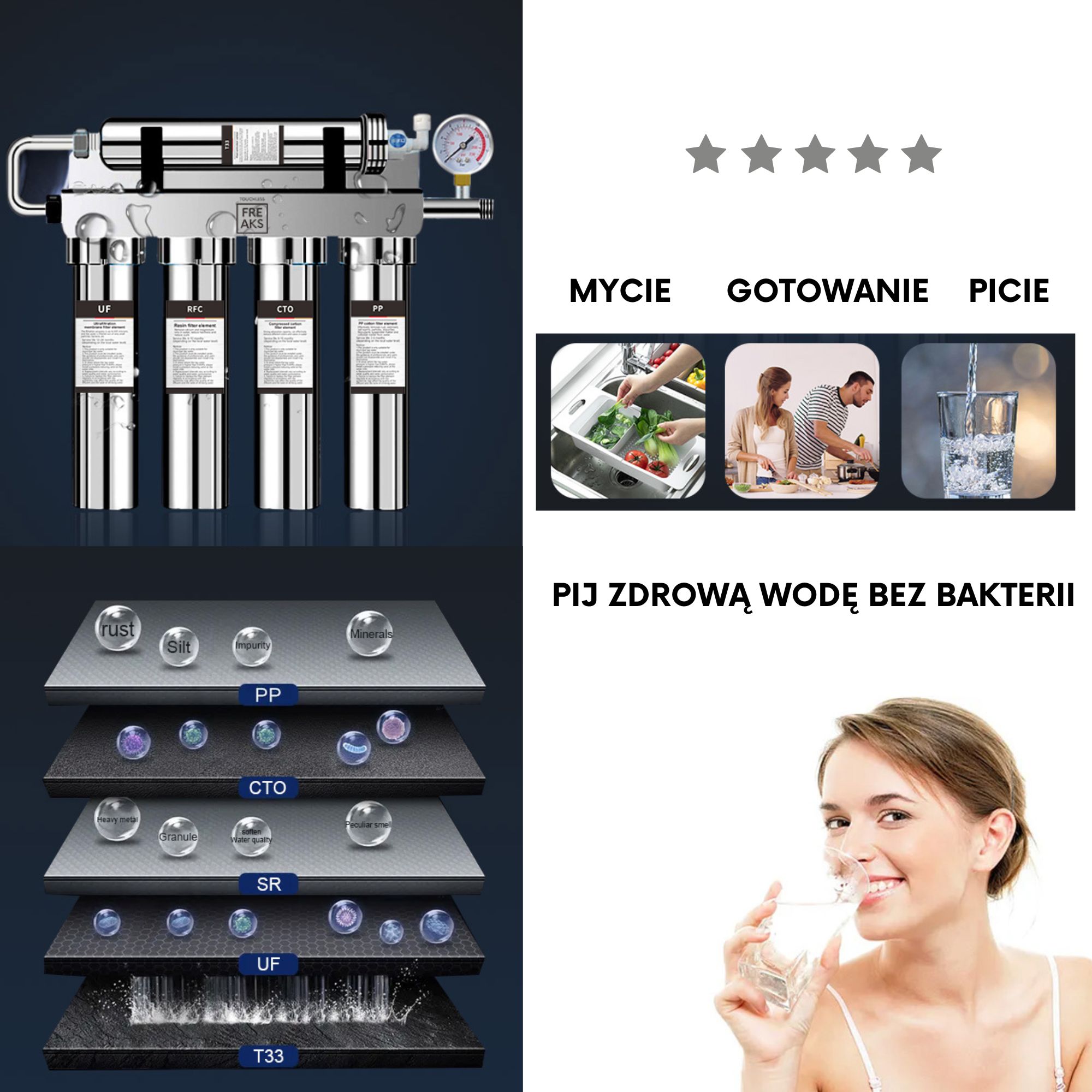 Filtr wody usuwa chlor, kamień, metale ciężkie 5 fazowy pod zlew