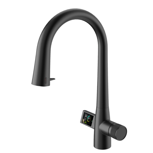 Czarna bateria do kuchni z wyciąganą wylewką i wyświetlaczem LCD