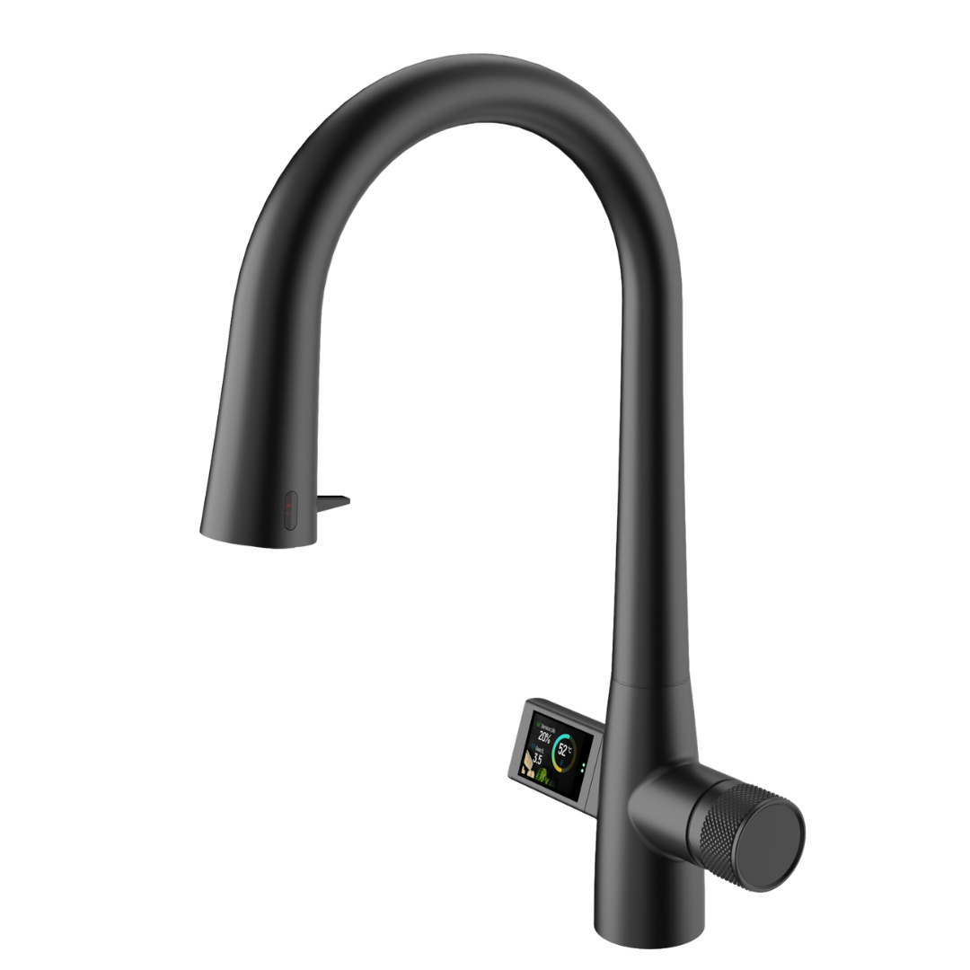 Czarna bateria do kuchni z wyciąganą wylewką i wyświetlaczem LCD