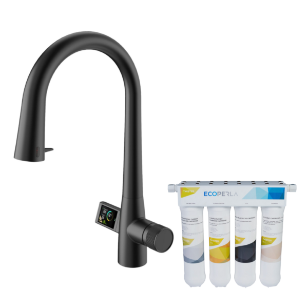 Czarna bateria do kuchni z wyciąganą wylewką i wyświetlaczem LCD